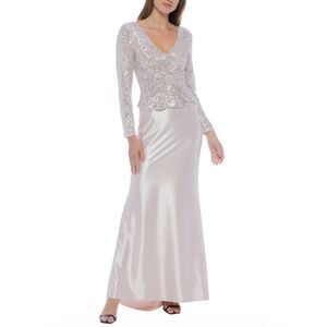 Marina Satin Long Sleeve Front Twist  Sequin Bodice Gown Size S
